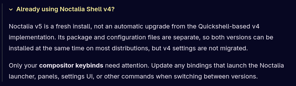 Noctalia v4 to v5 warning