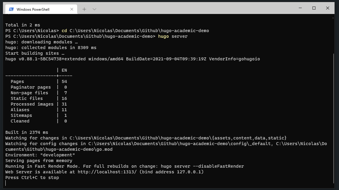 Screenshot of a PowerShell running the hugo server command