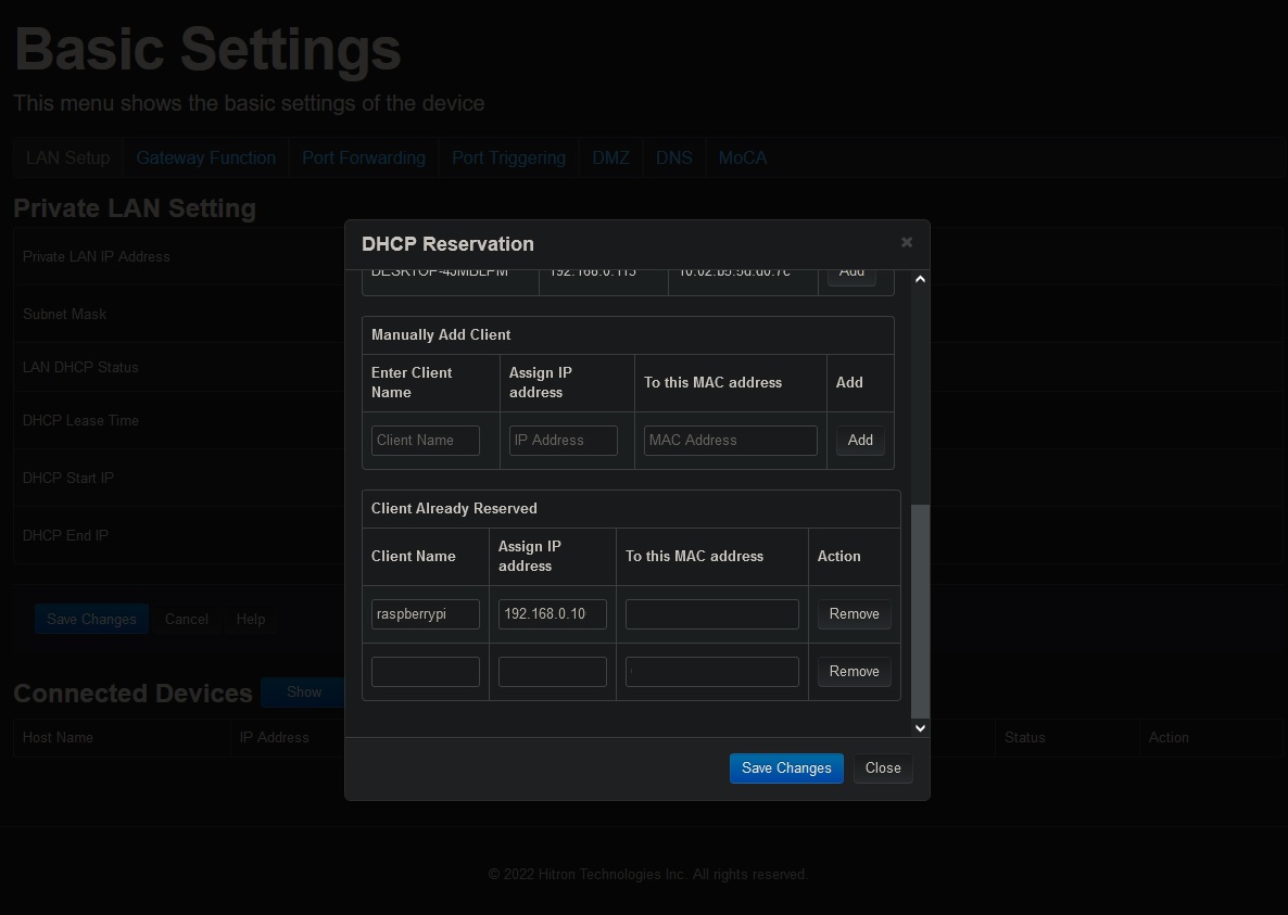 Screenshot of the DHCP reservation page on my router admin dashboard