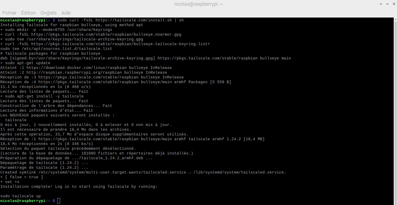 Screenshot of the terminal window running the Tailscale install script